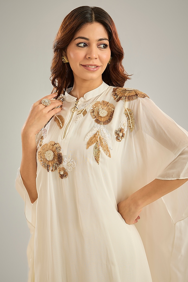 Cream Georgette Sequins Hand Embroidered Kaftan Set by Studio A at Pernia's Pop Up Shop