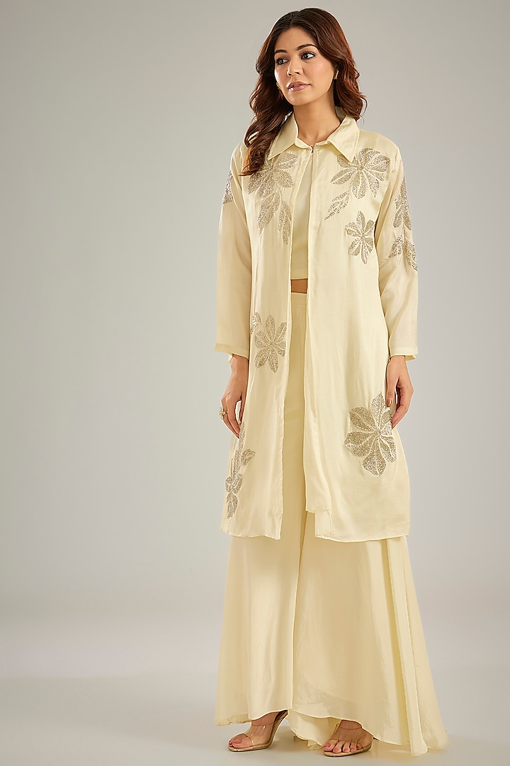 Ivory Silk Crystal Hand Embroidered Jacket Set by Studio A at Pernia's Pop Up Shop