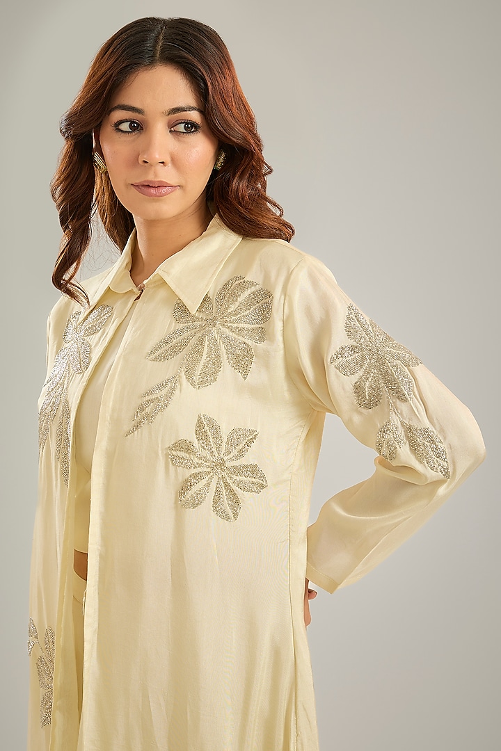 Ivory Silk Crystal Hand Embroidered Jacket Set by Studio A at Pernia's Pop Up Shop