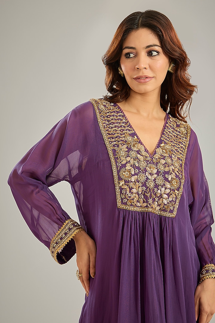 Purple Organza Tissue Nakshi Hand Embroidered Kurta Set by Studio A at Pernia's Pop Up Shop