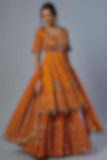 Orange Satin Silk Anarkali Set by Studio A