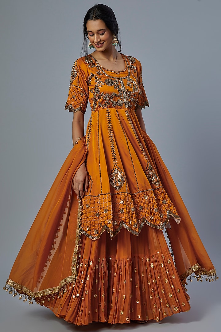 Orange Satin Silk Anarkali Set by Studio A
