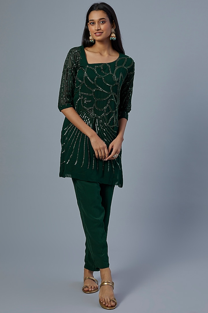 Emerald Green Embroidered Co-Ord Set by Studio A
