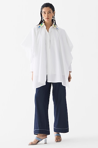 White Poplin Sequin Embroidered Asymmetric Shirt by Studio Rigu