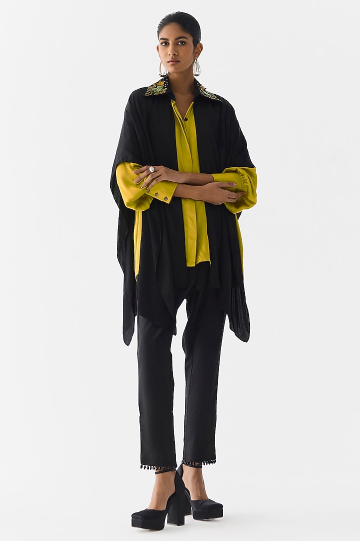 Black & Olive Green Vegan Silk Hand-Dyed Asymmetric Shirt by Studio Rigu at Pernia's Pop Up Shop