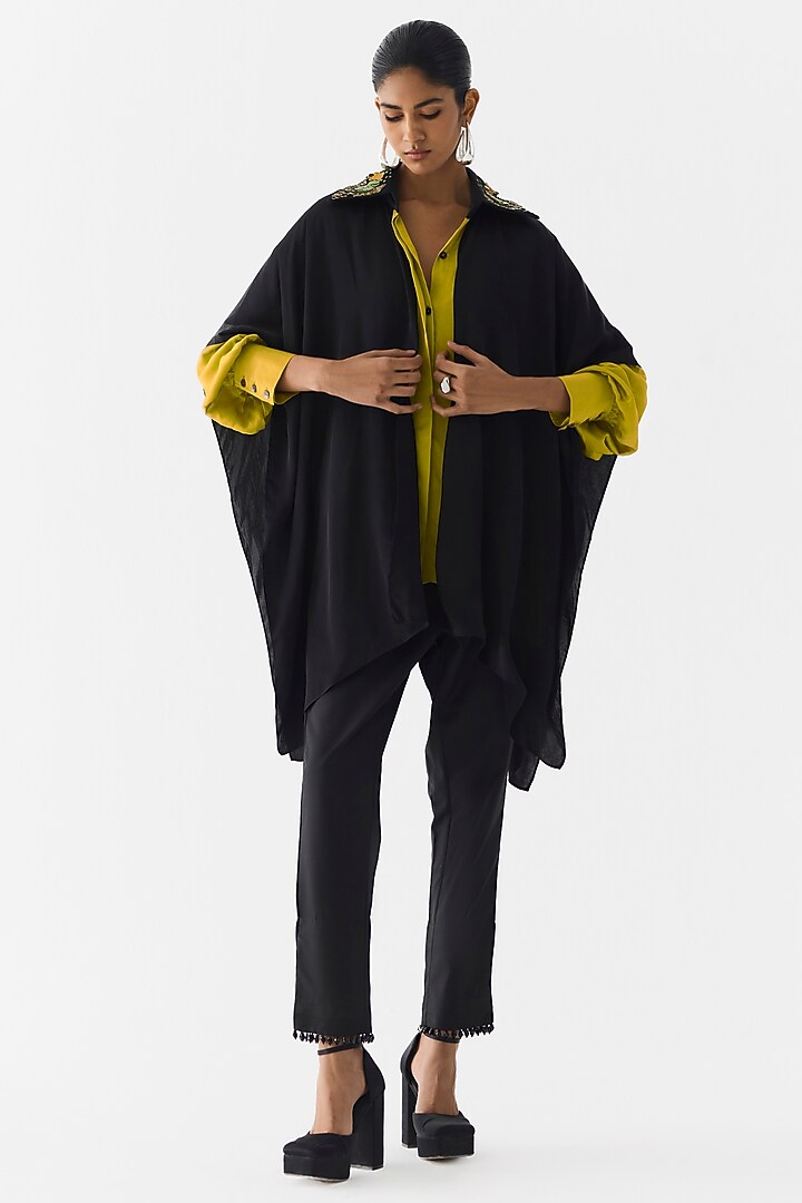 Black & Olive Green Vegan Silk Hand-Dyed Asymmetric Shirt by Studio Rigu at Pernia's Pop Up Shop