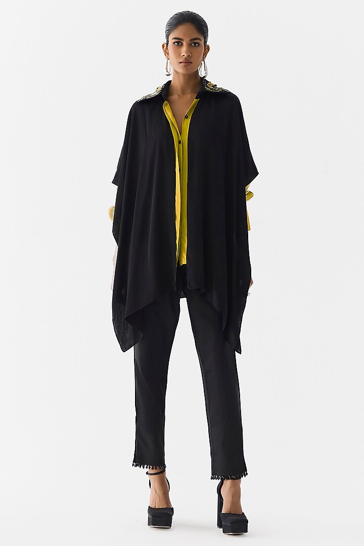 Black & Olive Green Vegan Silk Hand-Dyed Asymmetric Shirt by Studio Rigu at Pernia's Pop Up Shop