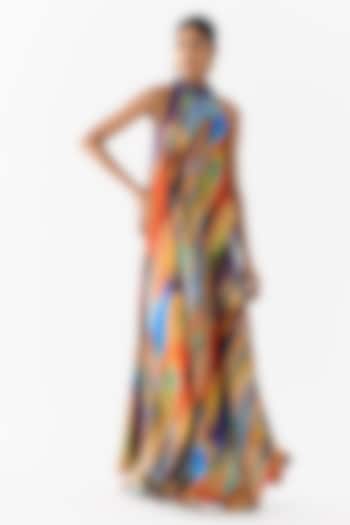 Multi-Colored Vegan Silk Brushstroke Printed Halter Vacation Dress by Studio Rigu at Pernia's Pop Up Shop