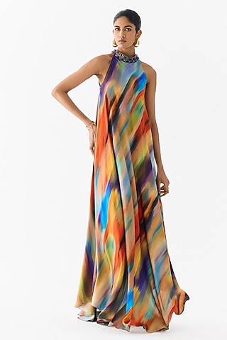 Multi-Colored Vegan Silk Brushstroke Printed Halter Dress by Studio Rigu