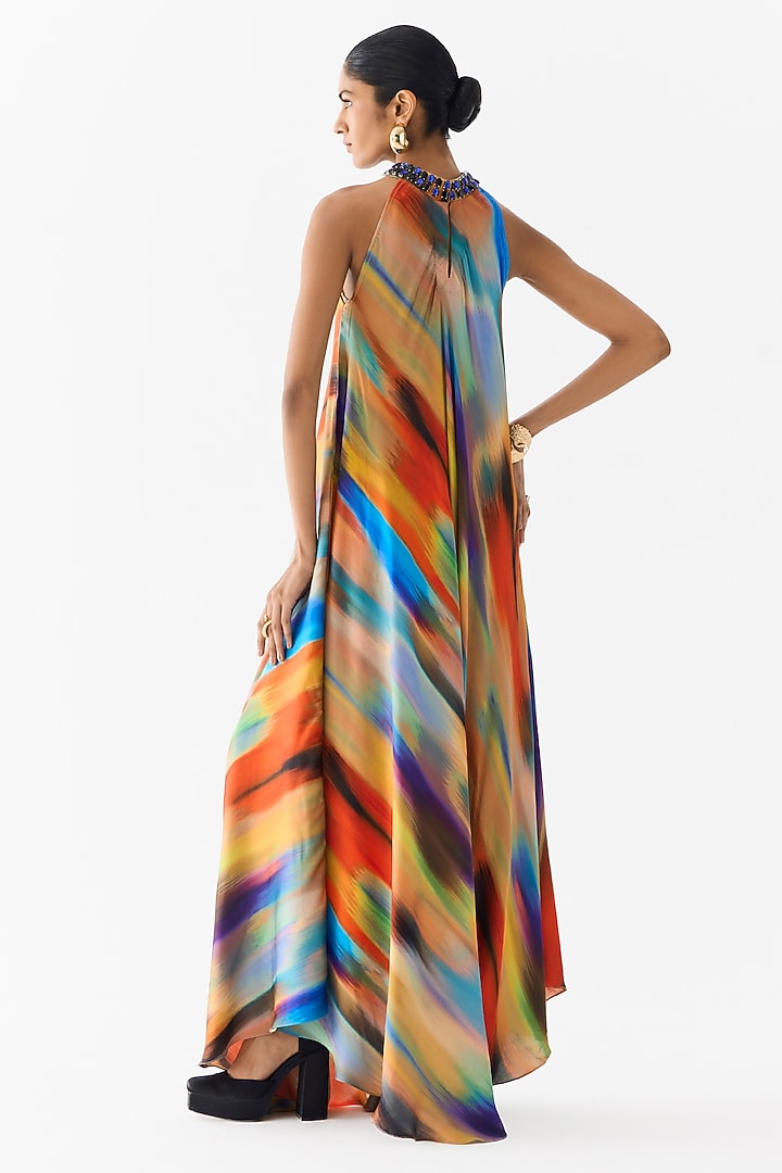 Multi-Colored Vegan Silk Brushstroke Printed Halter Vacation Dress by Studio Rigu at Pernia's Pop Up Shop