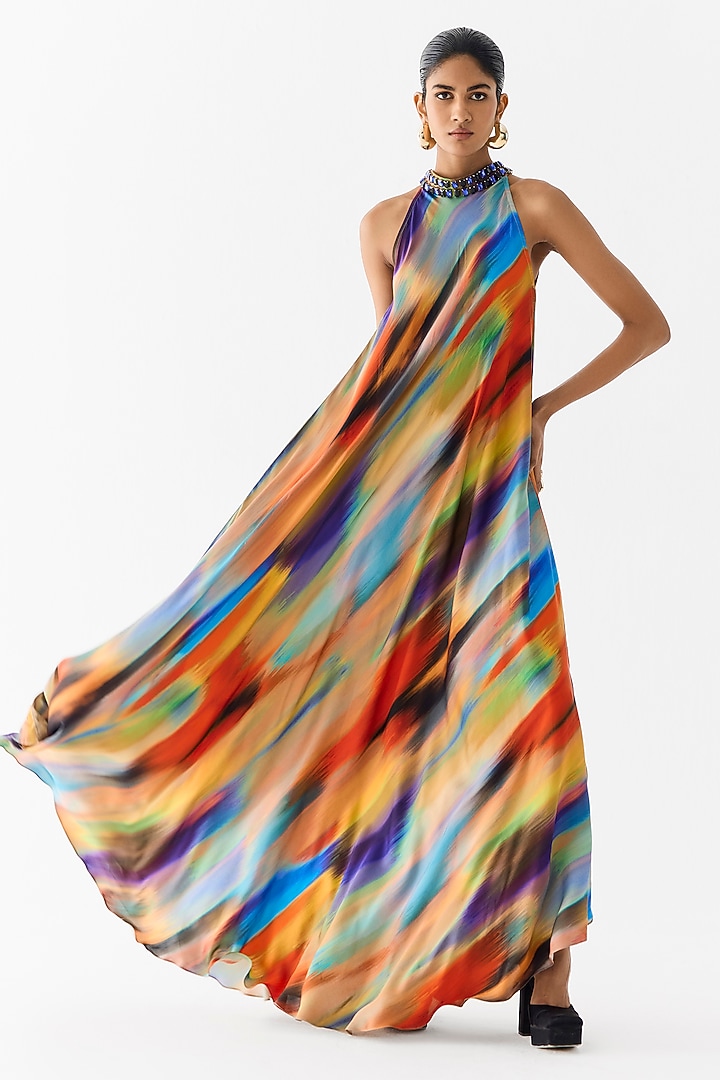 Multi-Colored Vegan Silk Brushstroke Printed Halter Vacation Dress by Studio Rigu at Pernia's Pop Up Shop
