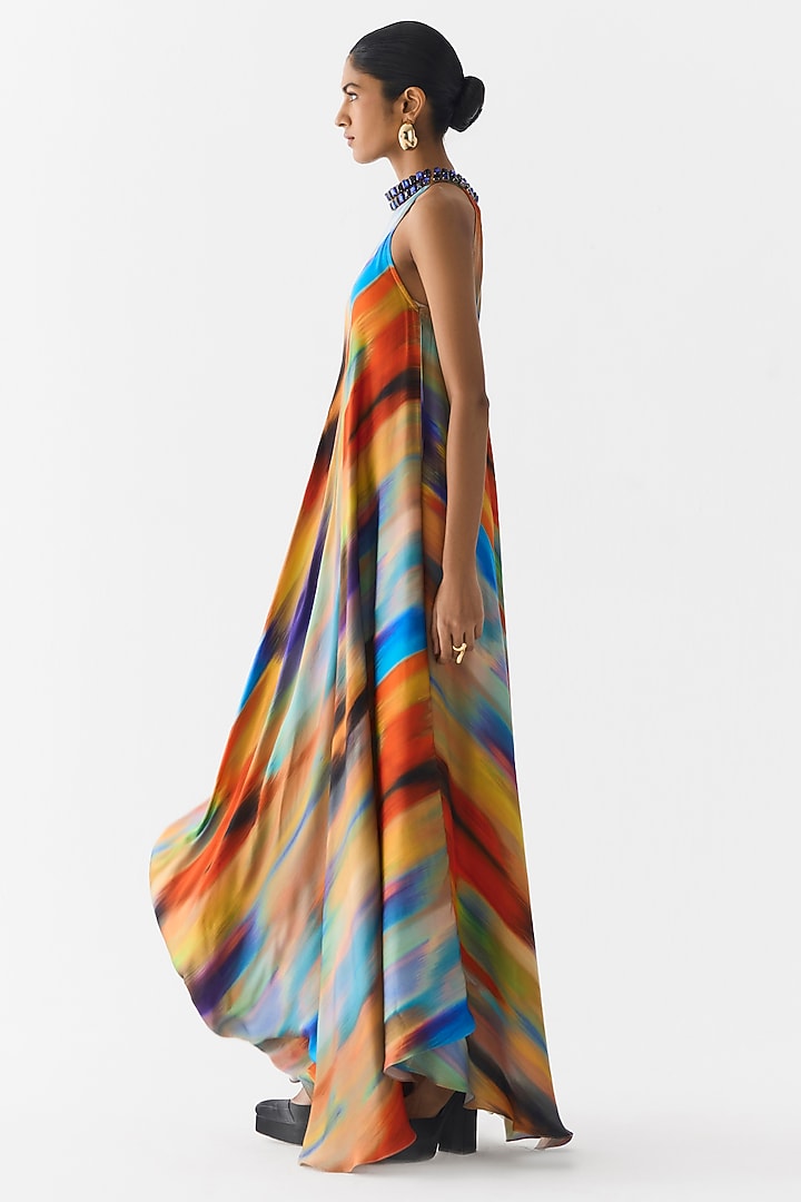 Multi-Colored Vegan Silk Brushstroke Printed Halter Vacation Dress by Studio Rigu at Pernia's Pop Up Shop