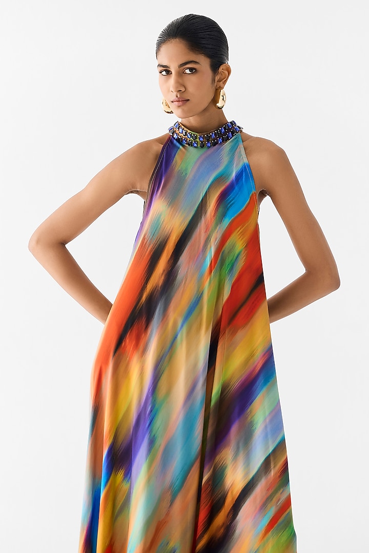 Multi-Colored Vegan Silk Brushstroke Printed Halter Vacation Dress by Studio Rigu at Pernia's Pop Up Shop