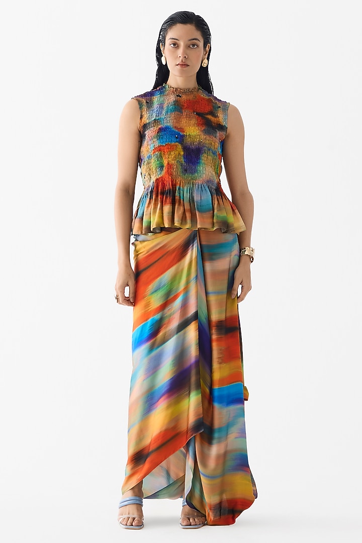 Multi-Colored Vegan Silk Brushstroke Printed Co-Ord Set by Studio Rigu at Pernia's Pop Up Shop