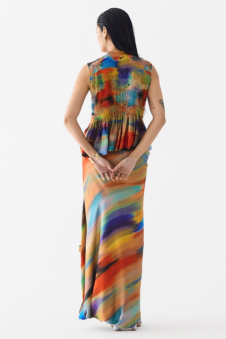 Multi-Colored Vegan Silk Brushstroke Printed Co-Ord Set by Studio Rigu at Pernia's Pop Up Shop