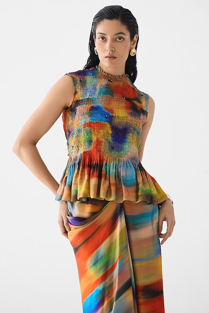 Multi-Colored Vegan Silk Brushstroke Printed Co-Ord Set by Studio Rigu at Pernia's Pop Up Shop