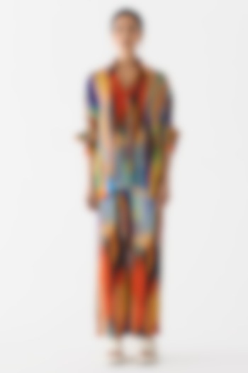 Multi-Colored Vegan Silk Brushstroke Printed Co-Ord Set by Studio Rigu at Pernia's Pop Up Shop