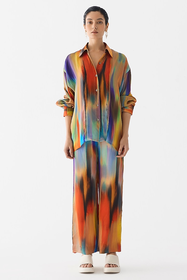 Multi-Colored Vegan Silk Brushstroke Printed Co-Ord Set by Studio Rigu at Pernia's Pop Up Shop