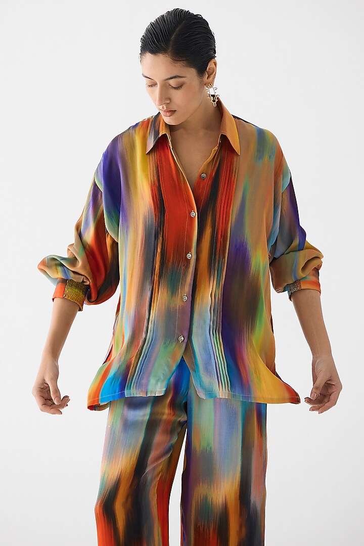 Multi-Colored Vegan Silk Brushstroke Printed Co-Ord Set by Studio Rigu at Pernia's Pop Up Shop