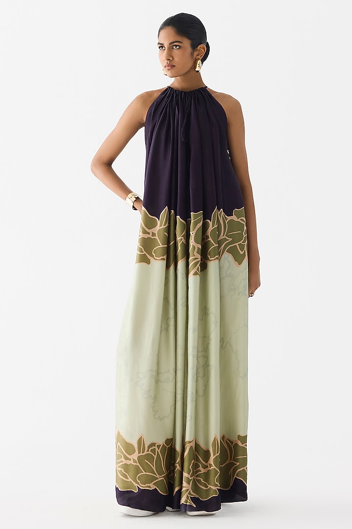 Green & Blue Vegan Silk Floral Printed Halter Vacation Dress by Studio Rigu at Pernia's Pop Up Shop