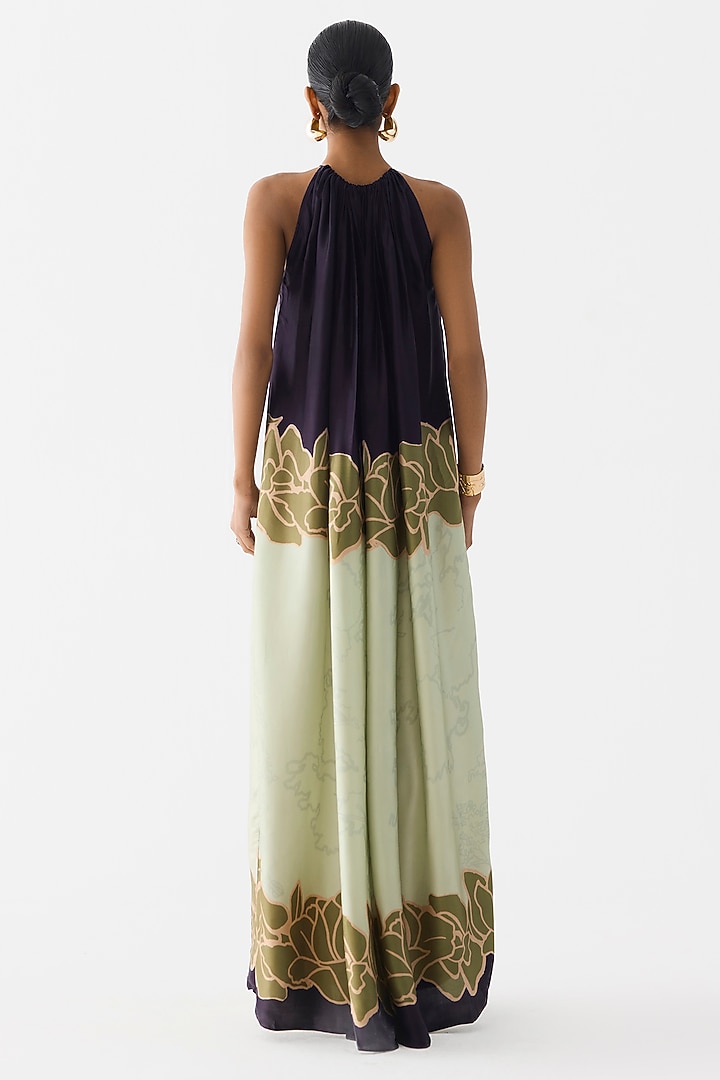 Green & Blue Vegan Silk Floral Printed Halter Vacation Dress by Studio Rigu at Pernia's Pop Up Shop