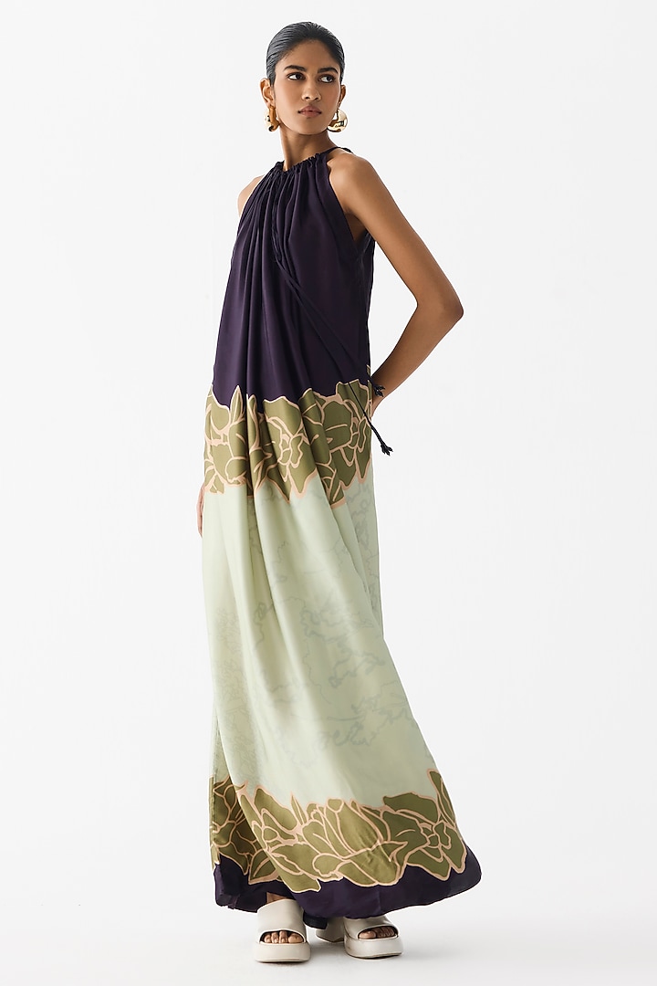 Green & Blue Vegan Silk Floral Printed Halter Vacation Dress by Studio Rigu at Pernia's Pop Up Shop