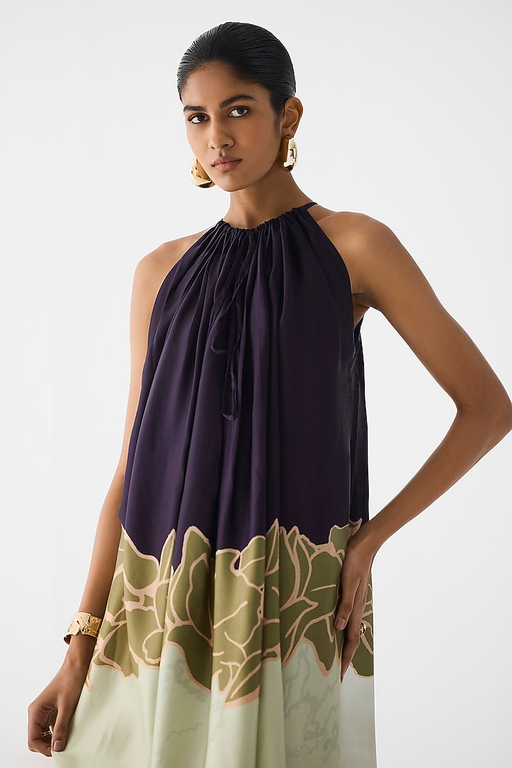 Green & Blue Vegan Silk Floral Printed Halter Vacation Dress by Studio Rigu at Pernia's Pop Up Shop