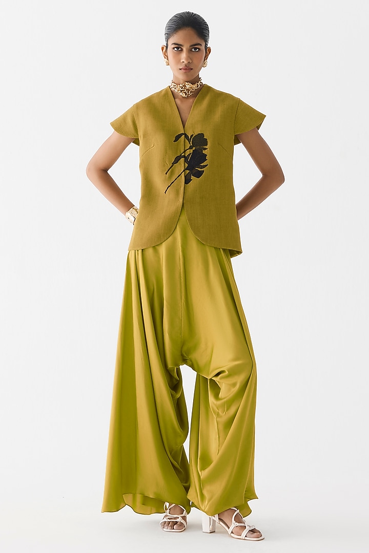 Olive Green Vegan Silk Hand Embroidered Co-Ord Set by Studio Rigu at Pernia's Pop Up Shop
