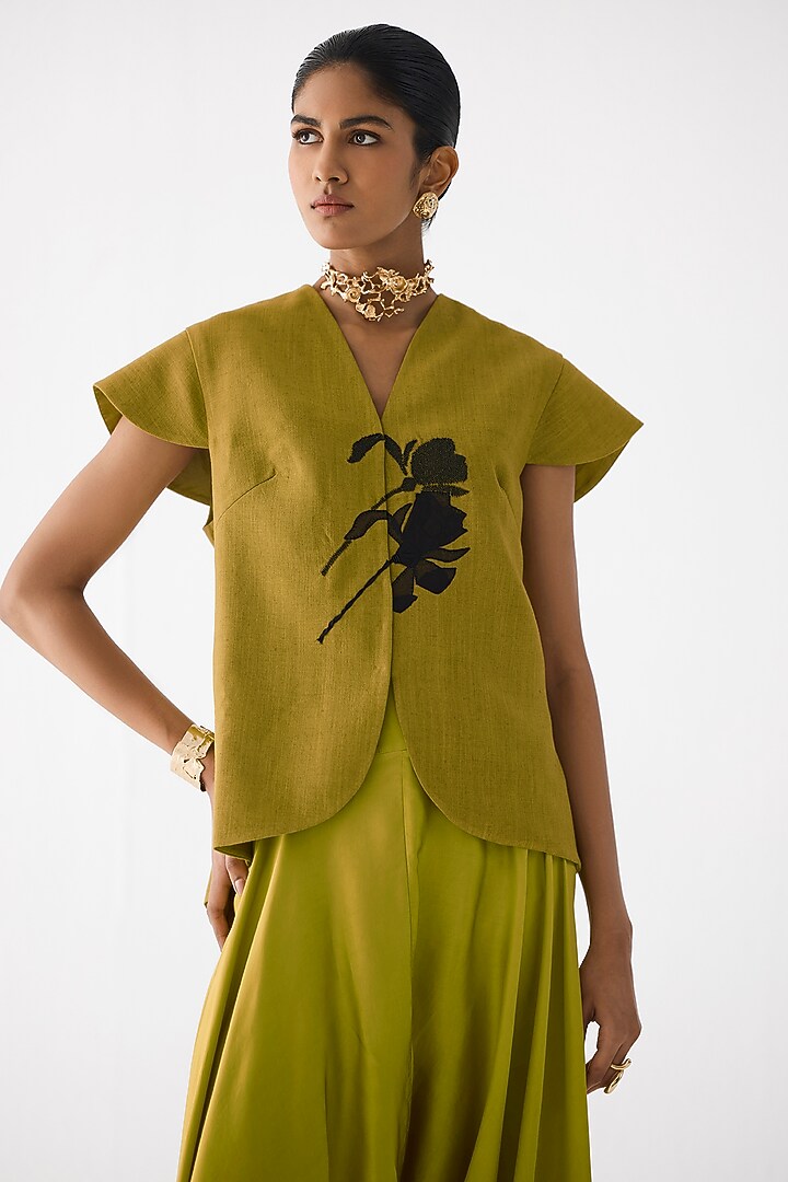 Olive Green Vegan Silk Hand Embroidered Co-Ord Set by Studio Rigu at Pernia's Pop Up Shop