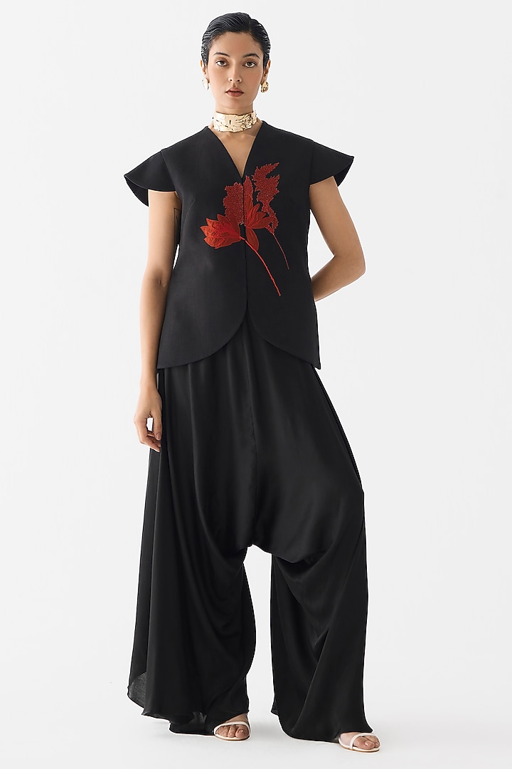 Black Vegan Silk Hand Embroidered Co-Ord Set by Studio Rigu at Pernia's Pop Up Shop