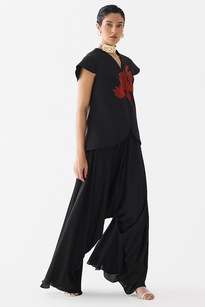 Black Vegan Silk Hand Embroidered Co-Ord Set by Studio Rigu at Pernia's Pop Up Shop