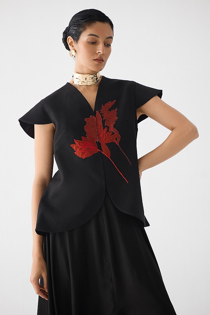 Black Vegan Silk Hand Embroidered Co-Ord Set by Studio Rigu at Pernia's Pop Up Shop