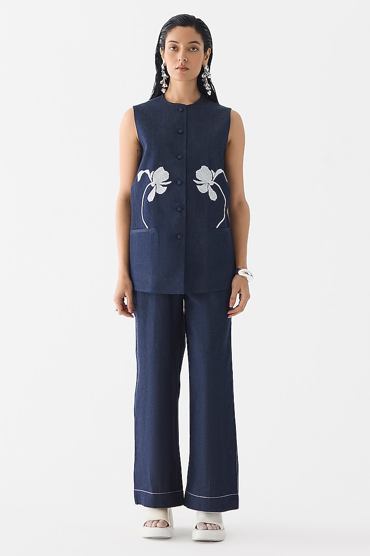 Dark Blue Cotton Denim Bead Embroidered Co-Ord Set by Studio Rigu at Pernia's Pop Up Shop
