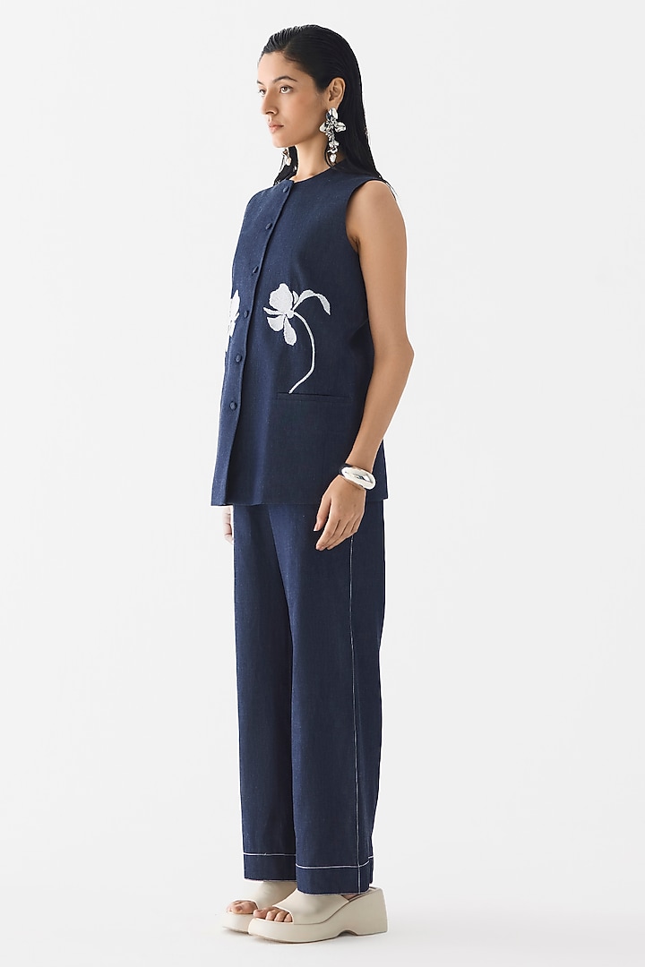 Dark Blue Cotton Denim Bead Embroidered Co-Ord Set by Studio Rigu at Pernia's Pop Up Shop