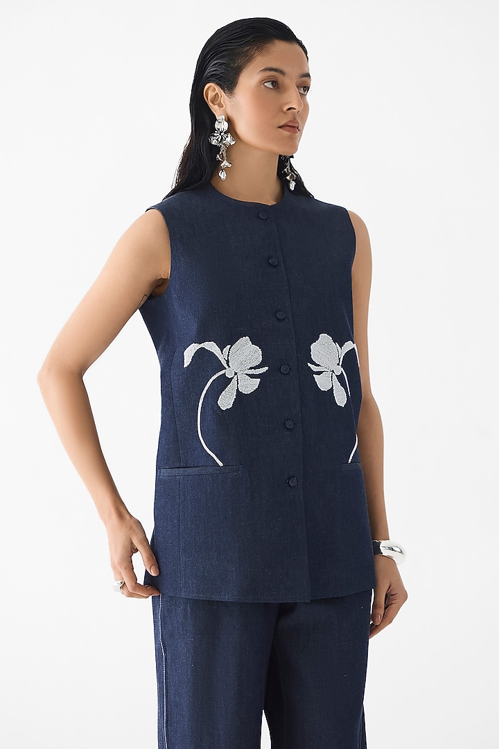 Dark Blue Cotton Denim Bead Embroidered Co-Ord Set by Studio Rigu at Pernia's Pop Up Shop
