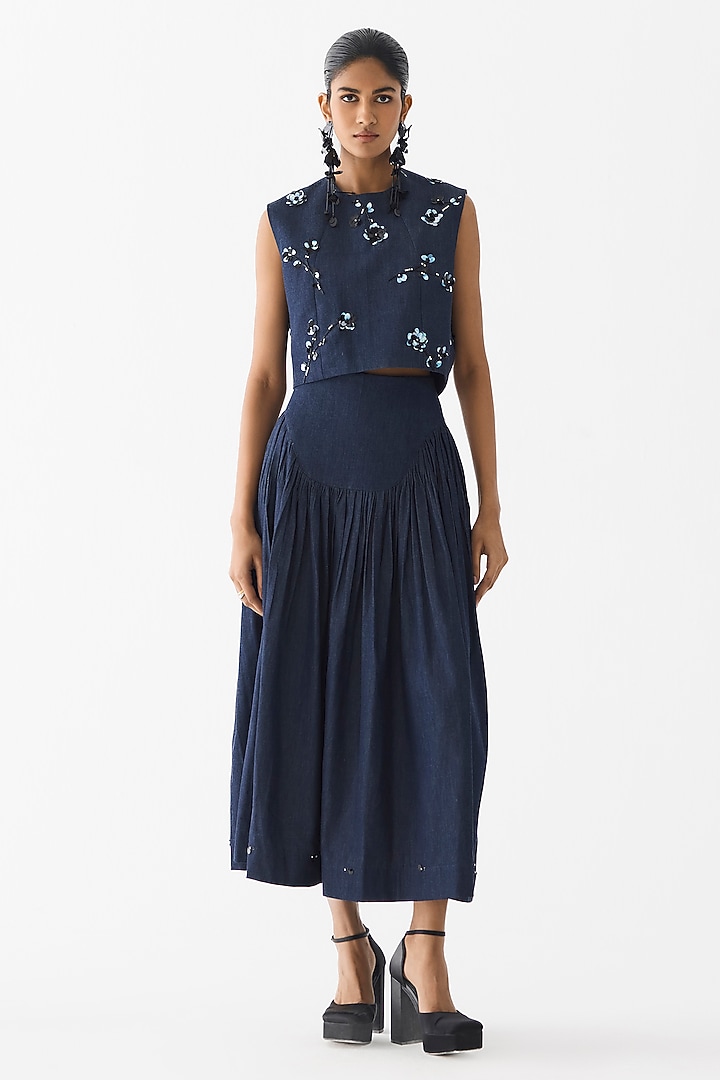 Dark Blue Cotton Denim Sequin Embroidered Co-Ord Set by Studio Rigu at Pernia's Pop Up Shop