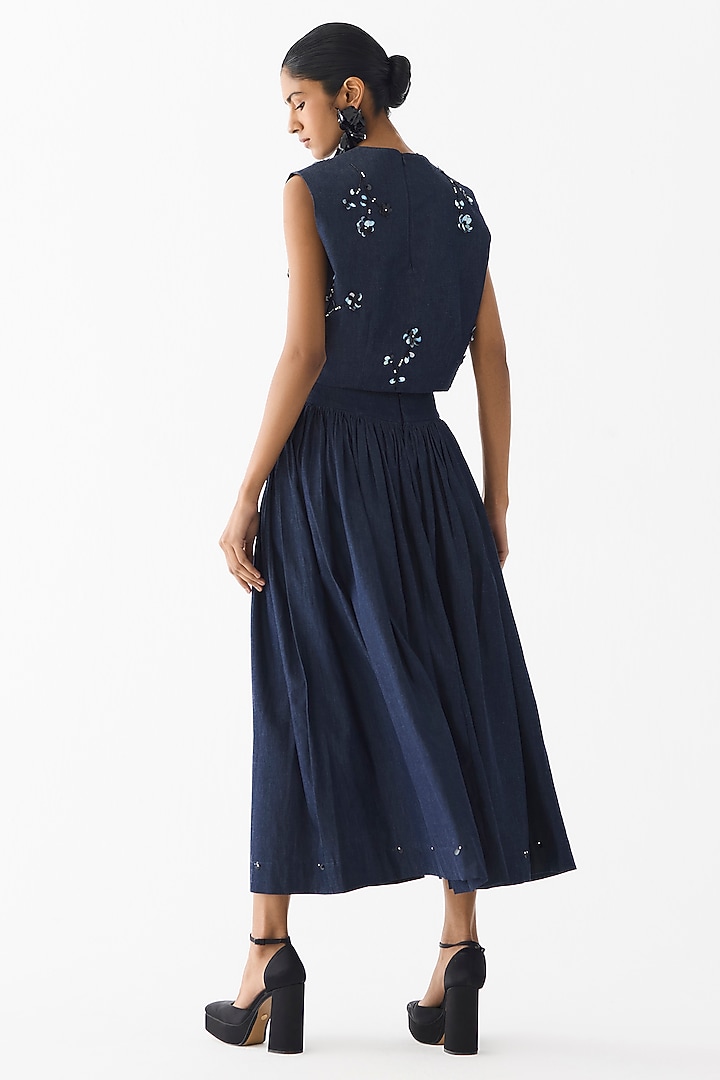 Dark Blue Cotton Denim Sequin Embroidered Co-Ord Set by Studio Rigu at Pernia's Pop Up Shop