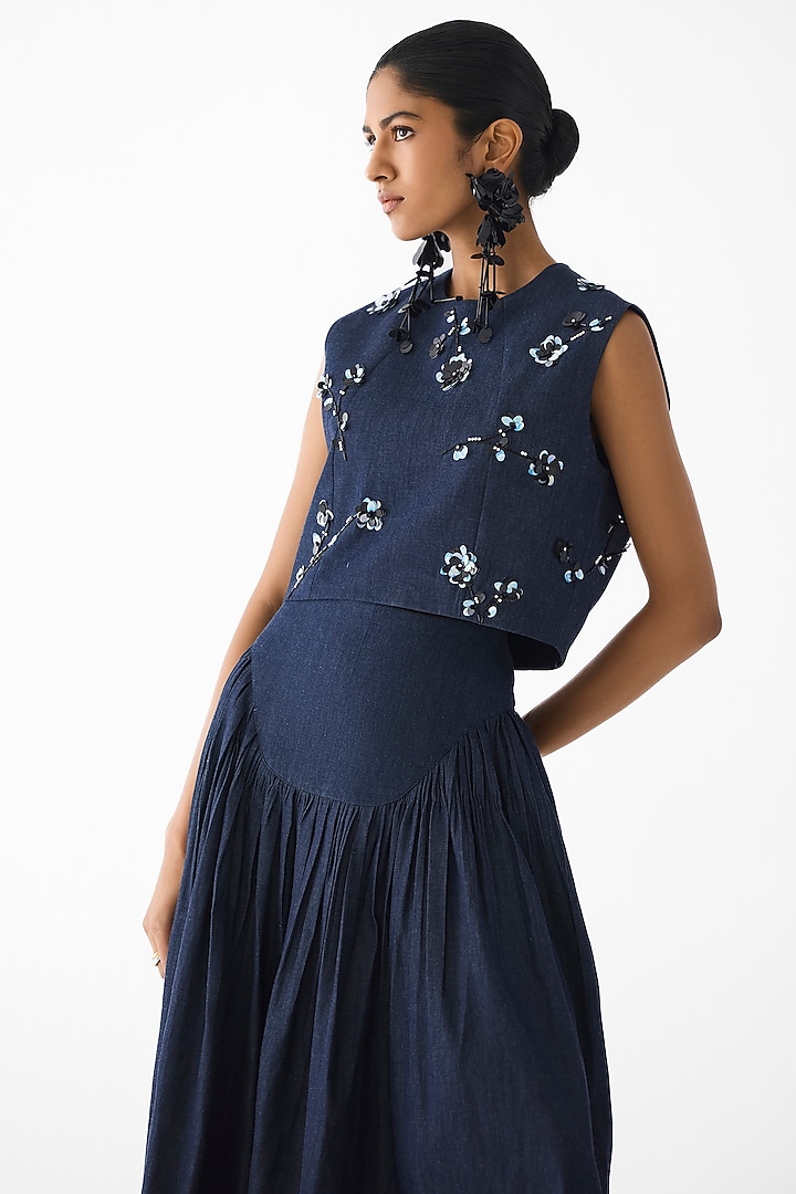 Dark Blue Cotton Denim Sequin Embroidered Co-Ord Set by Studio Rigu at Pernia's Pop Up Shop