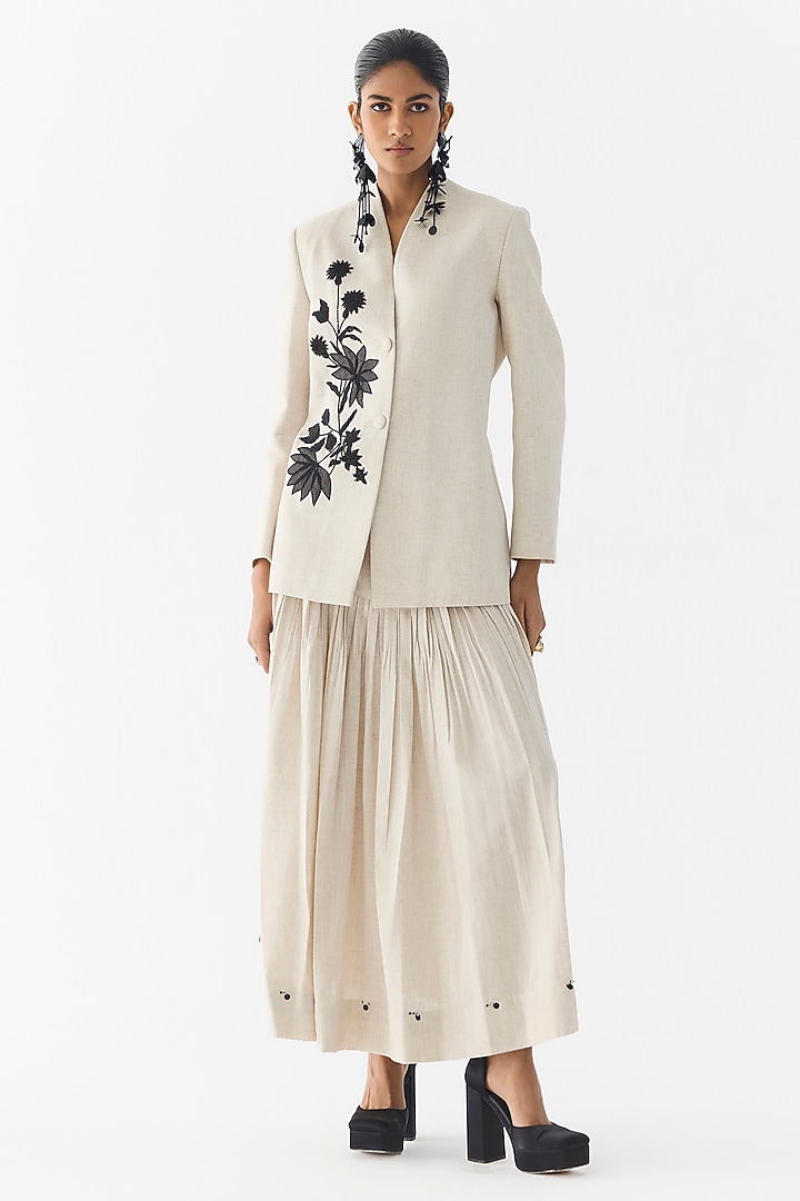 Beige Cotton Denim & Linen Hand Embroidered Co-Ord Set by Studio Rigu at Pernia's Pop Up Shop