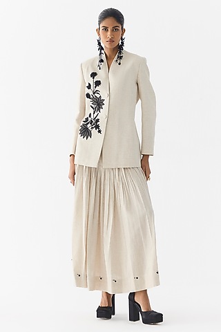Beige Cotton Denim & Linen Hand Embroidered Co-Ord Set by Studio Rigu
