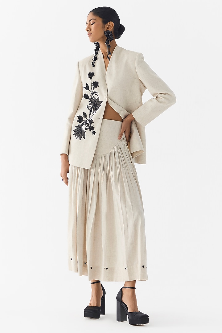 Beige Cotton Denim & Linen Hand Embroidered Co-Ord Set by Studio Rigu at Pernia's Pop Up Shop