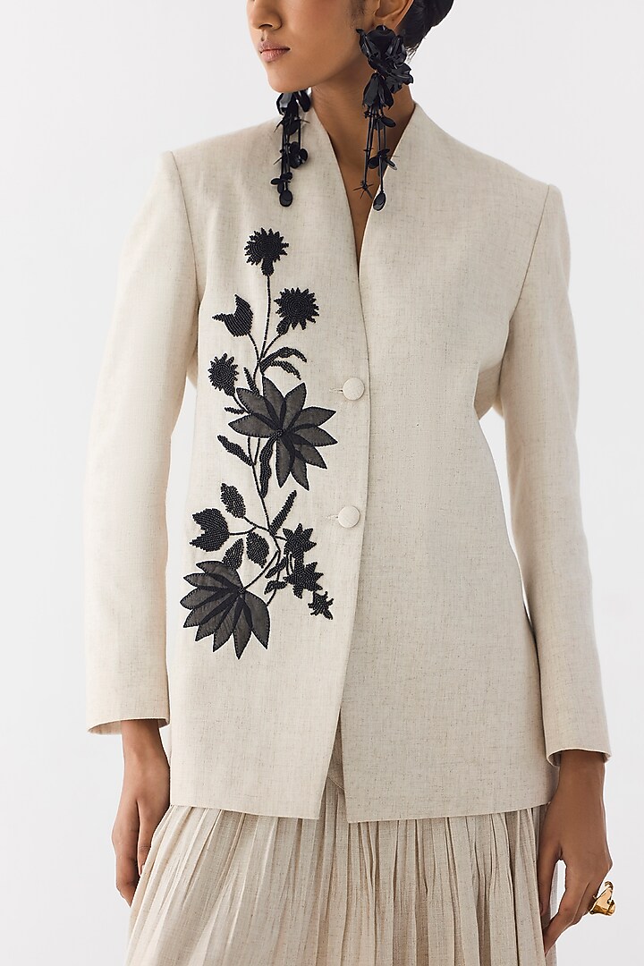 Beige Cotton Denim & Linen Hand Embroidered Co-Ord Set by Studio Rigu at Pernia's Pop Up Shop