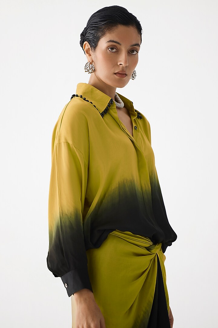 Olive Green & Black Vegan Silk Hand-Dyed Shirt Vacation Dress by Studio Rigu at Pernia's Pop Up Shop