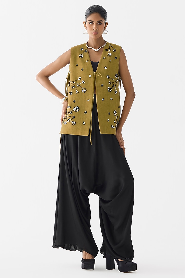 Olive Green & Black Vegan Silk Hand Embroidered Co-Ord Set by Studio Rigu at Pernia's Pop Up Shop