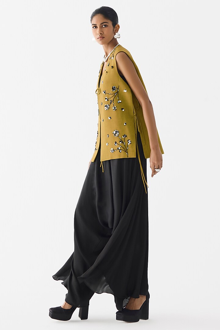 Olive Green & Black Vegan Silk Hand Embroidered Co-Ord Set by Studio Rigu at Pernia's Pop Up Shop