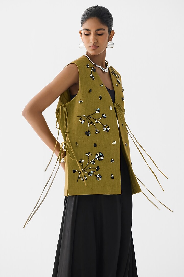 Olive Green & Black Vegan Silk Hand Embroidered Co-Ord Set by Studio Rigu at Pernia's Pop Up Shop