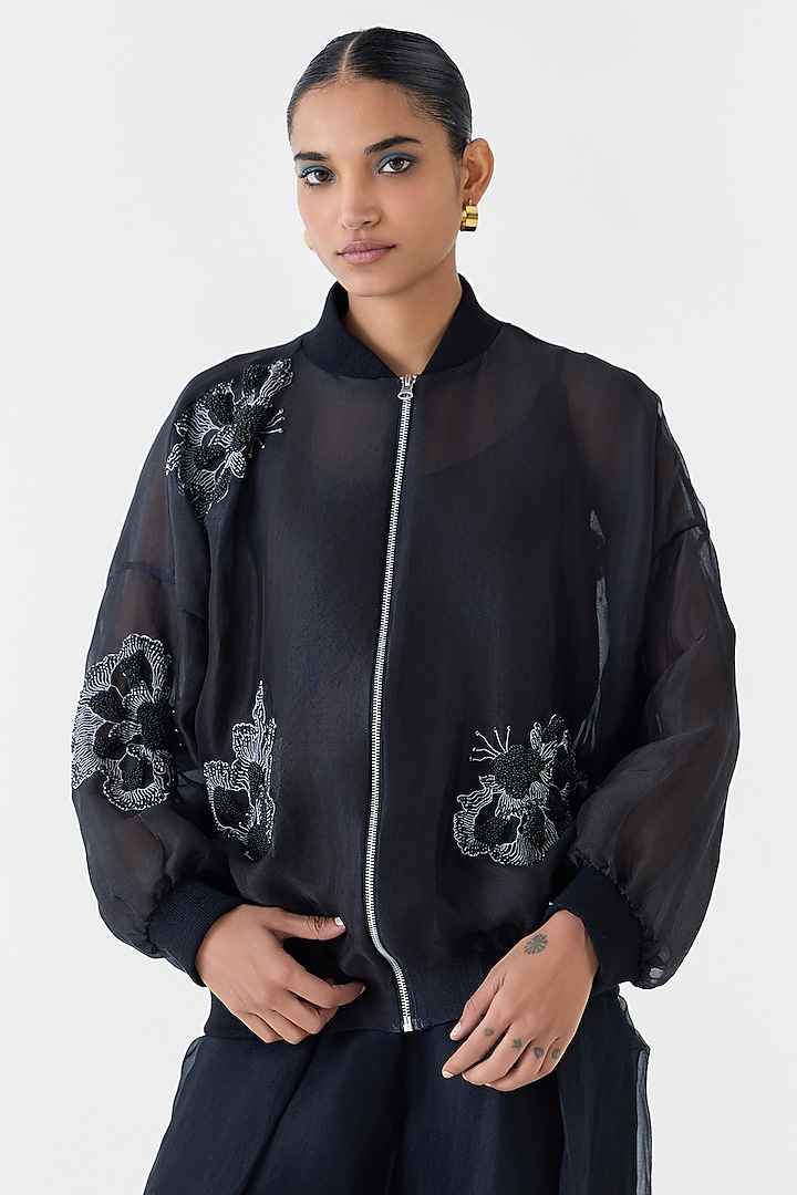 Black Organza Hand Embroidered Hand-Dyed Bomber Jacket by Studio Rigu at Pernia's Pop Up Shop