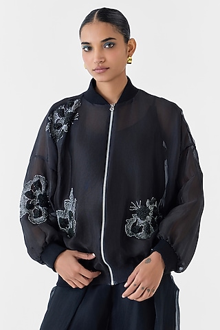 Black Organza Hand Embroidered Hand-Dyed Bomber Jacket by Studio Rigu