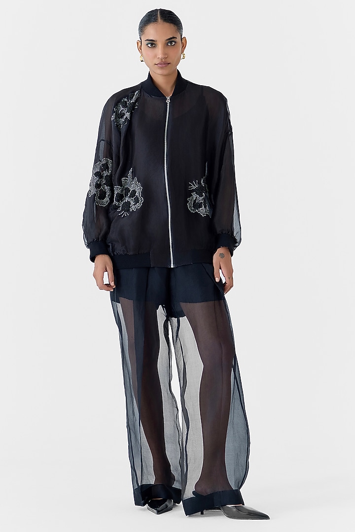 Black Organza Hand Embroidered Hand-Dyed Bomber Jacket by Studio Rigu at Pernia's Pop Up Shop