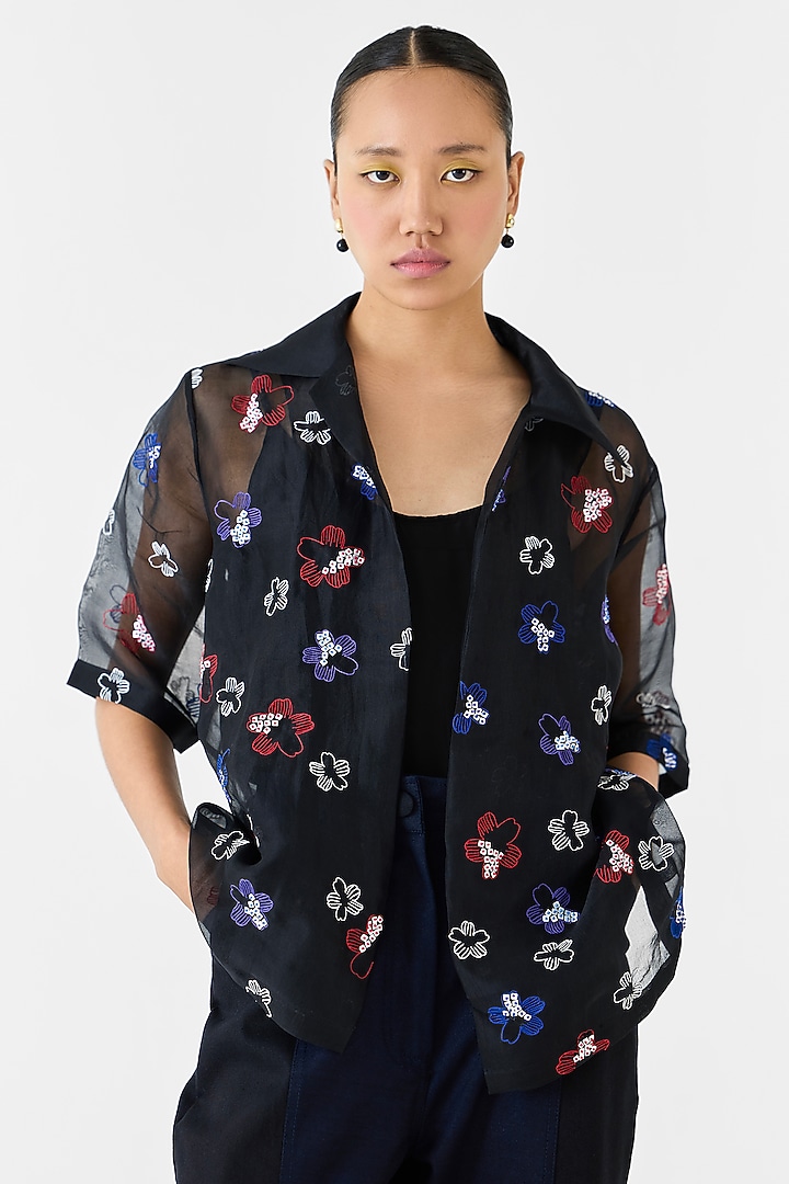 Black Organza Hand Embroidered Hand-Dyed Shirt by Studio Rigu at Pernia's Pop Up Shop